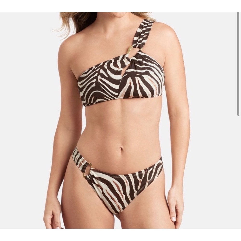 Sofia Vergara Bikini Set Women XL Brown Zebra Print One Shoulder Swimsuit NEW